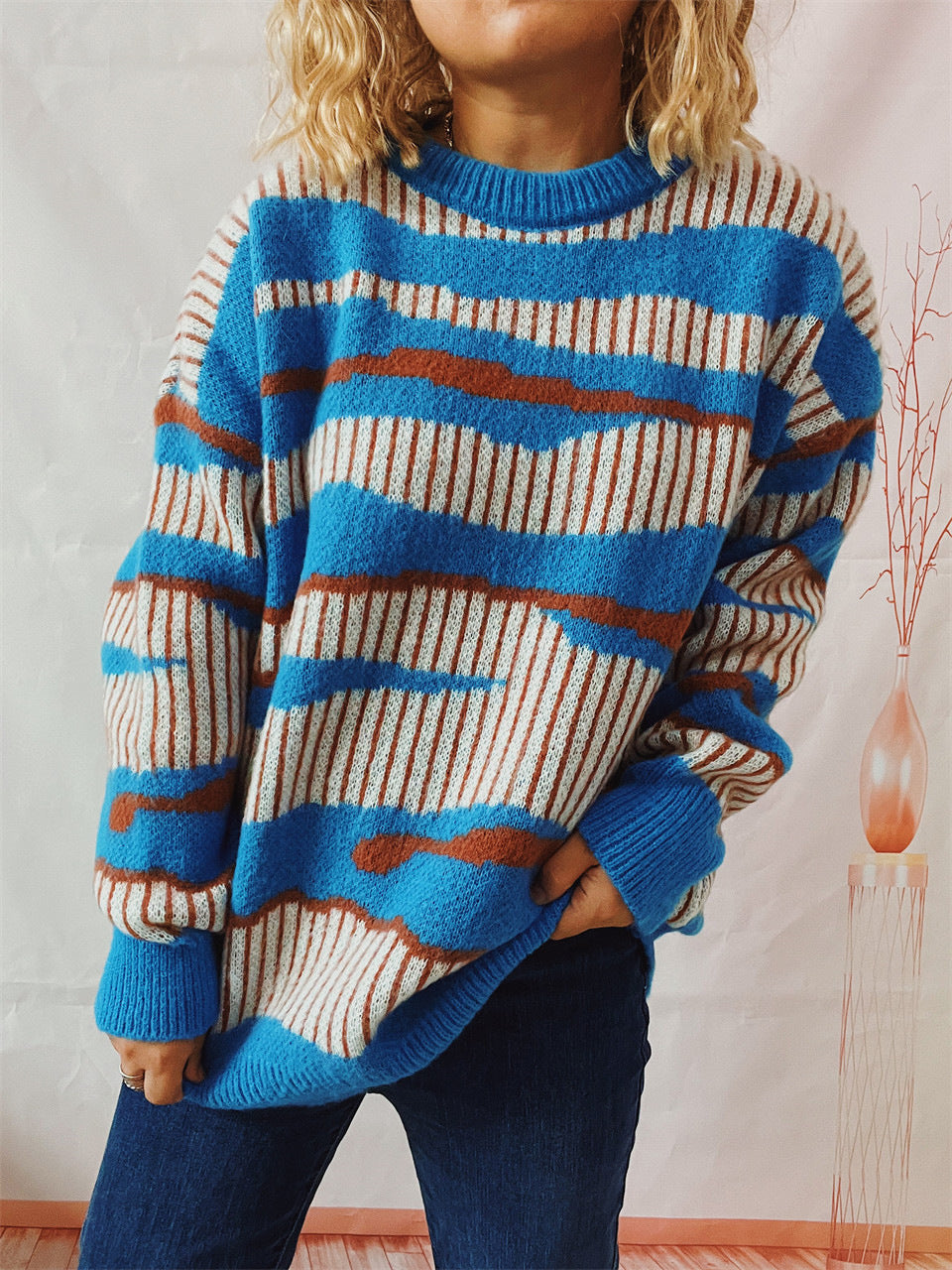 Women's Thickened Contrast Color Irregular Striped Pullover Round Neck Long Sweaters