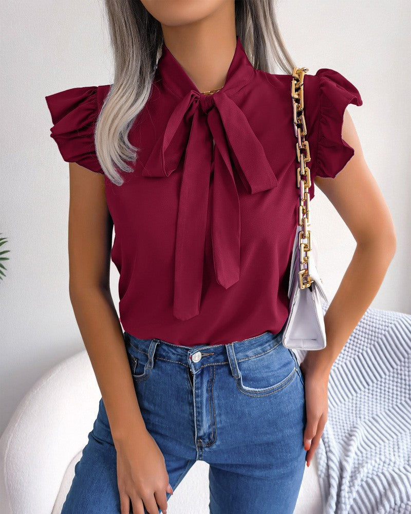 Women's Summer Solid Color Simple Shirt Bow Blouses