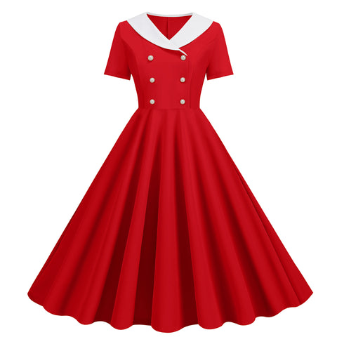 Women's Summer Sleeve Solid Color Retro Fake Buckle Large Dresses