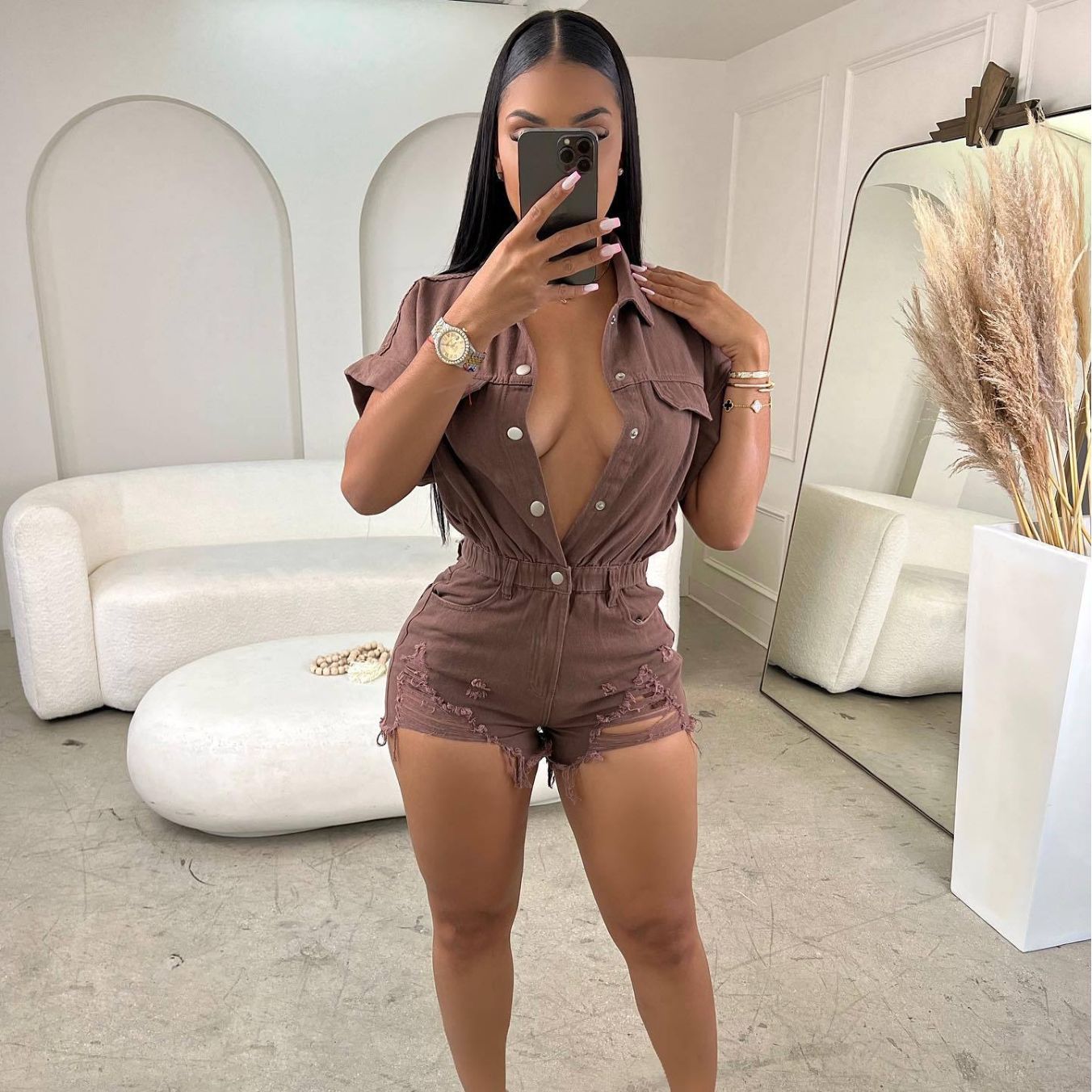 Women's Cargo Overalls Corset Breasted Ripped Skinny Jumpsuits