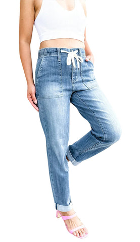 Damen-Jeans mit ausgewaschenem, modischem Stretch-Anteil und elastischem Bund