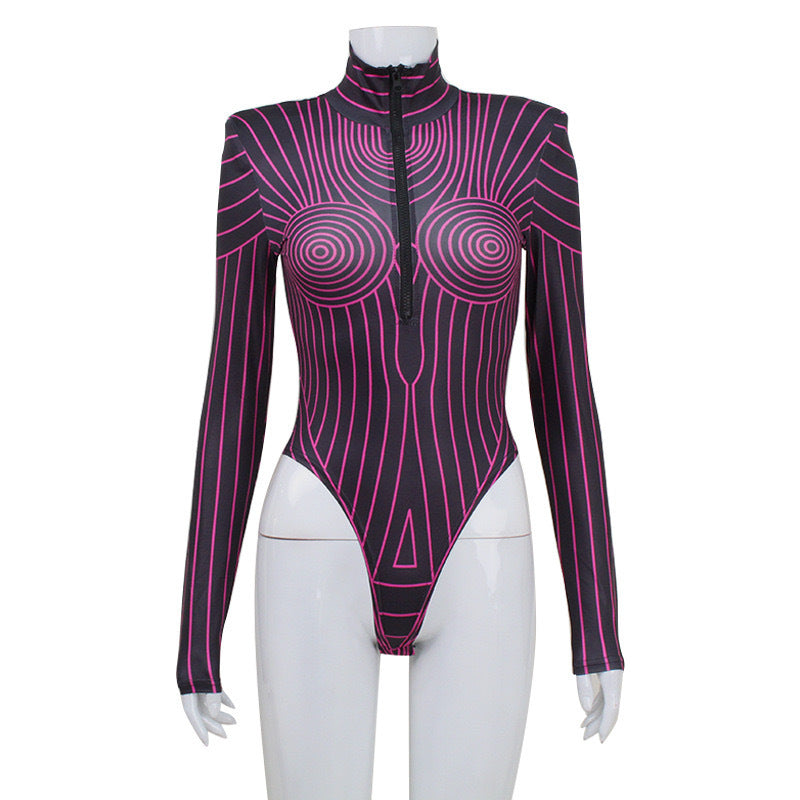 Women's Long-sleeved Padded Shoulder Fluorescent Striped Three-dimensional Pattern Jumpsuits