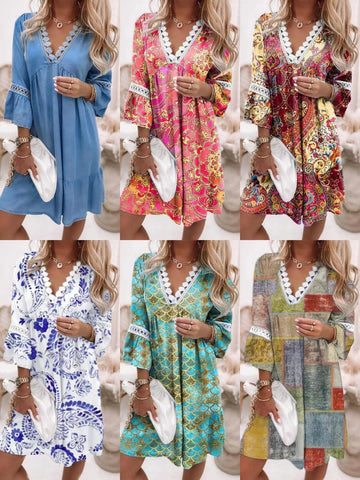 Printed Lace Stitching Bohemian Casual Vacation Dresses