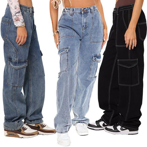 Wind High Waist Elastic Washed Cargo-Jeans für Damen