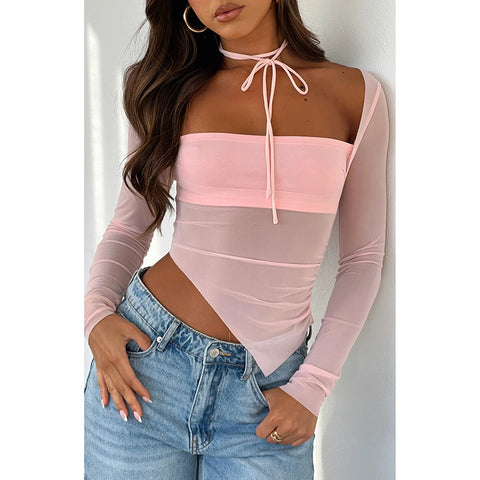 Women's Mesh Stitching Long Sleeves Autumn Show Blouses