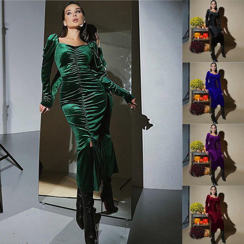 Women's Autumn Fashionable Elegant Pleated Slim Fit Slit Dresses