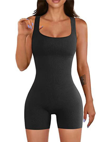 Women's Yoga Workout Ribbed Square Collar Sleeveless Jumpsuits