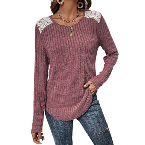 Women's T-shirt Round Neck Sunken Stripe Brushed Stitching Lace Blouses
