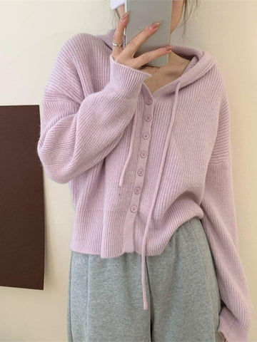 Women's Korean Style Gentle Hooded Button Long Knitwear