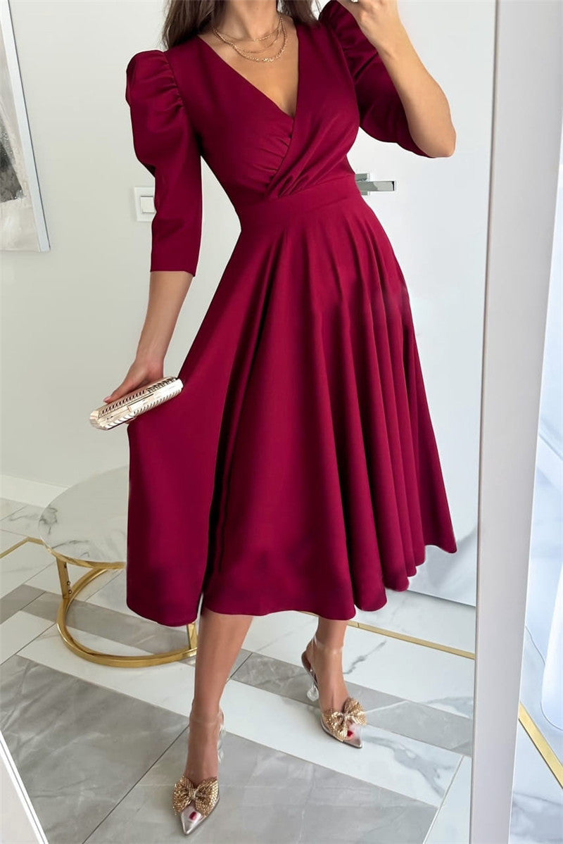 Women's Solid Color Pleated Waist Tight Sleeve Dresses