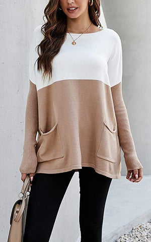 Knitted Long Sleeves Color Matching Pocket Tops