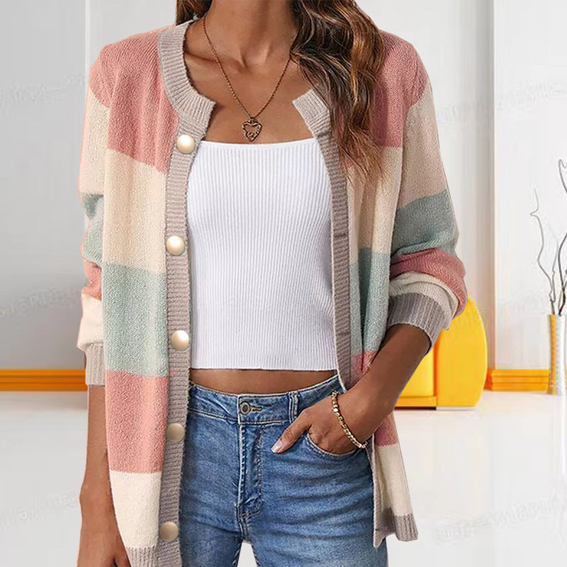 Women's Outerwear Color Matching Elegant Long Round Neck Knitwear
