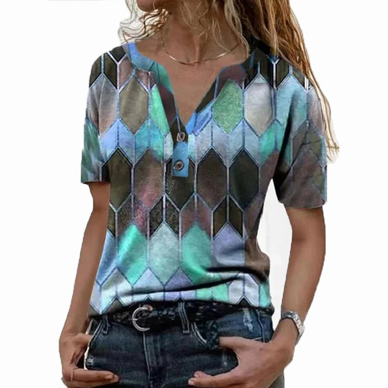 Women's Short-sleeved Printed Color V-neck T-shirt Loose Blouses