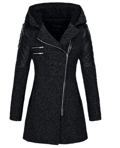 Women's Oblique Zipper Hooded Thickened Thermal Woolen Coats