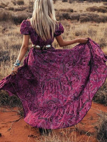 Women's Bohemian Dress Tight Waist Floral Print Dresses