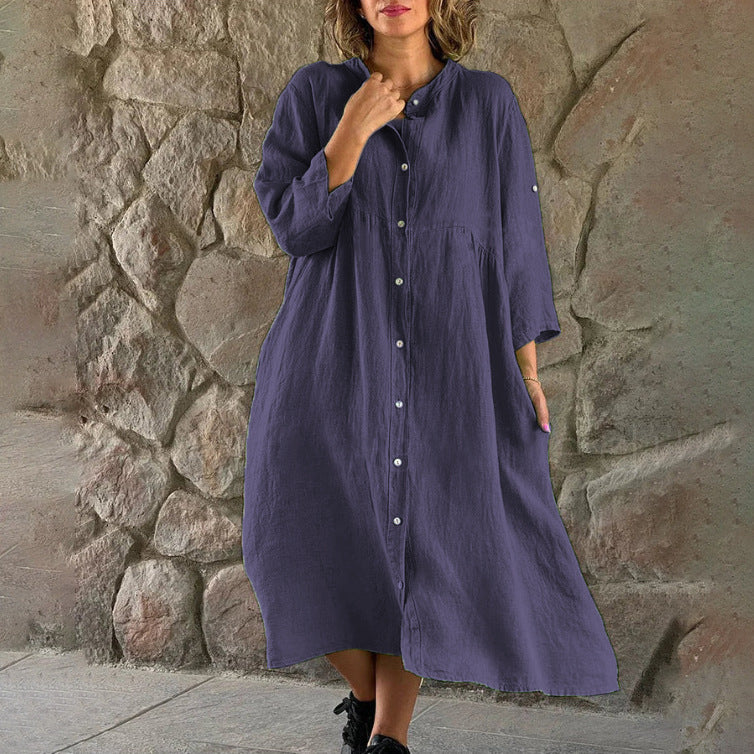 Women's And Linen Solid Color Casual Stand Collar Dresses