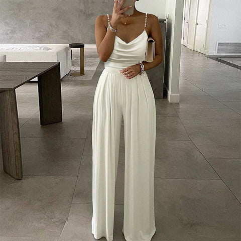 Pearl Suspender Wide Leg Sleeveless Backless Jumpsuits