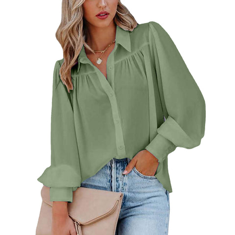 Women's Lantern Sleeve Pleated Solid Color Collar Loose Shirt Tops