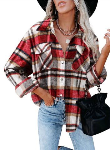 Women's Plaid Shirt Woolen Flannel Breasted Blouses