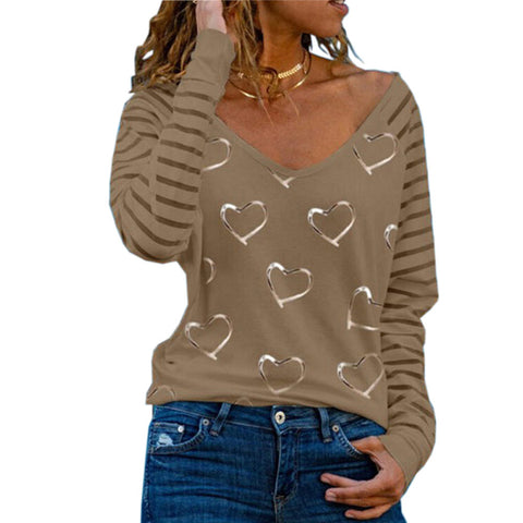 Women's Large V-neck Heart Printing Long-sleeved T-shirt Blouses