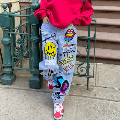 Women's Smiley Printed Ripped Street Skateboarding Style Jeans