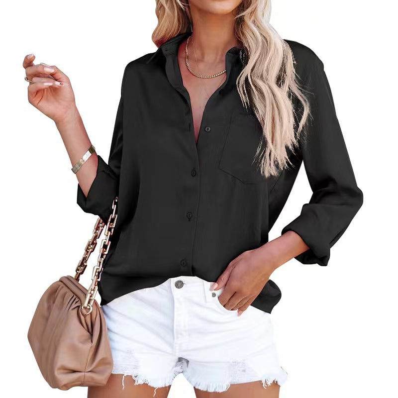 Women's Spring Acetate Satin Solid Color Long-sleeved Blouses