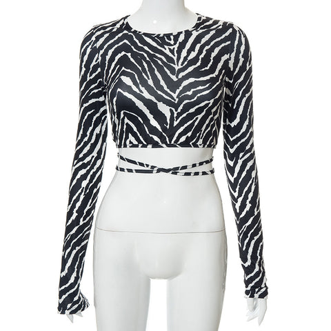 Women's Autumn Casual Cropped Zebra Print Backless Blouses