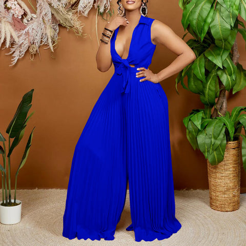 Women's Summer Fashion Long-sleeved Lapel Loose Pleated Jumpsuits