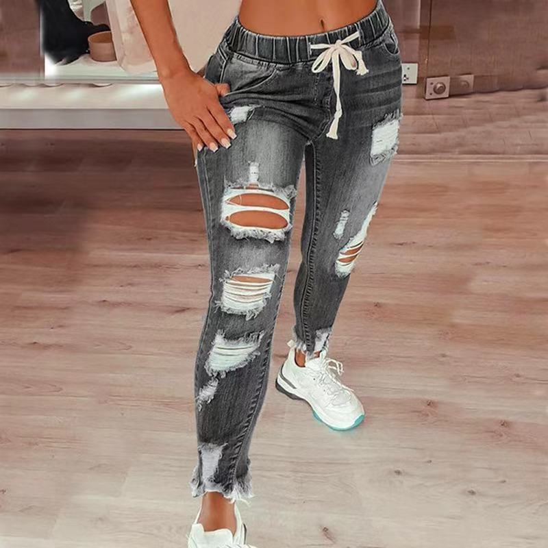 Women's High Waist Retro Preppy Style Ripped Jeans