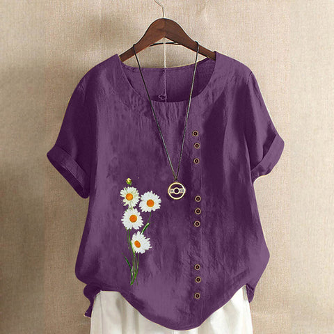 Cotton And Linen Sleeve With Buttons Round Neck Blouses