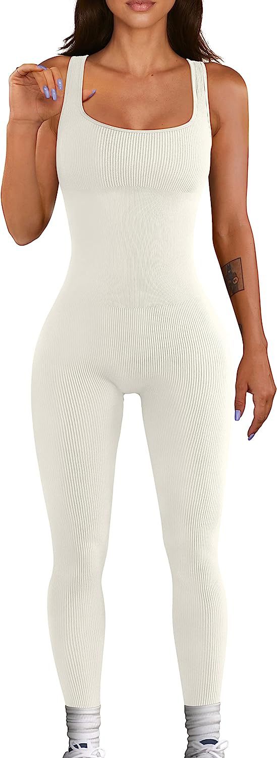 Women's Yoga Ribbed Square Collar Sleeveless Sports Jumpsuits