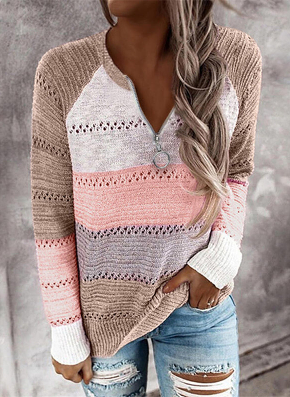 Color Hollow Knitted Half-open Zipper Pullover Knitwear