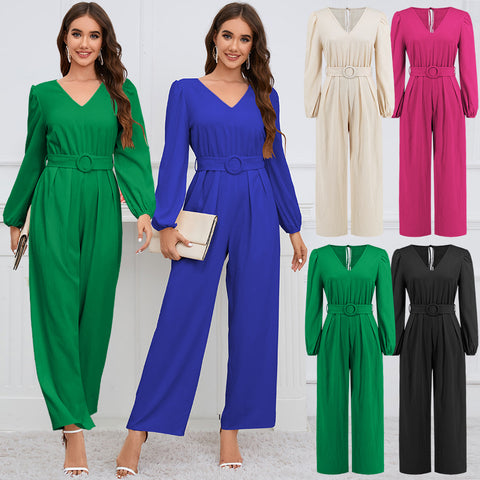 Women's Casual Solid Color And Long Sleeve Straight Wide Leg Jumpsuits