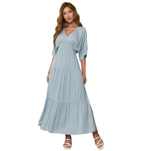 Women's V-neck Solid Color Batwing Sleeve Holiday Swing Dresses
