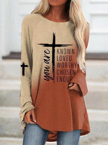 Women's Cross Printed Long Sleeve Loose T-shirt Blouses