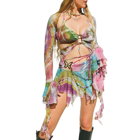 Women's Autumn Sweet Bell Sleeve Butterfly Print Suits
