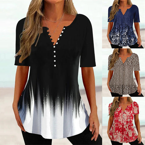 Women's Summer Loose V-neck Pullover Sleeve Button Blouses