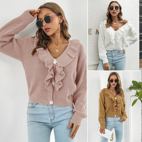 Women's Ruffled Loose Knitted Long Sleeve Sweaters