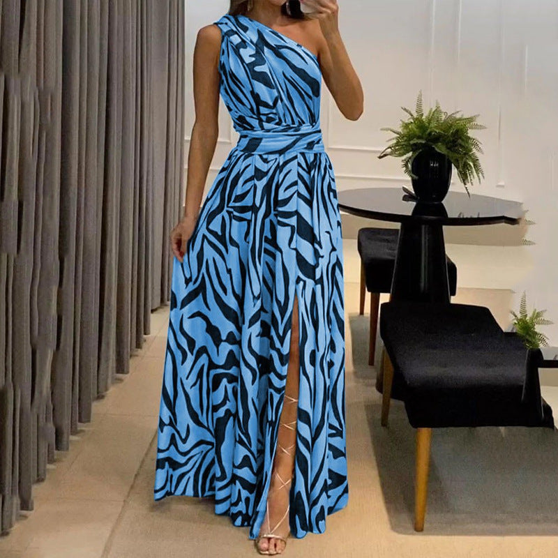 Women's Summer Sexy Backless One-shoulder Sleeveless Printed Dresses