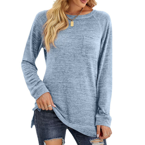 Women's Round Neck Pullover Long Sleeve Pocket Loose-fitting Casual Tops