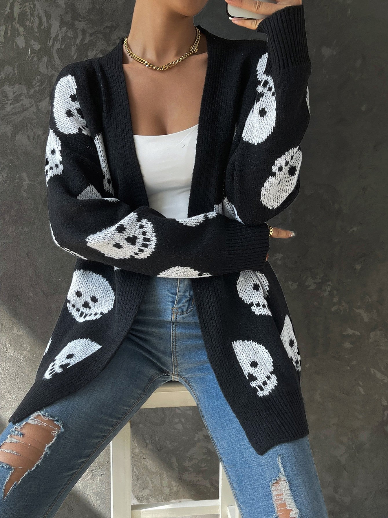 Women's Halloween Skull Jacquard Knitted Long Sleeve Knitwear