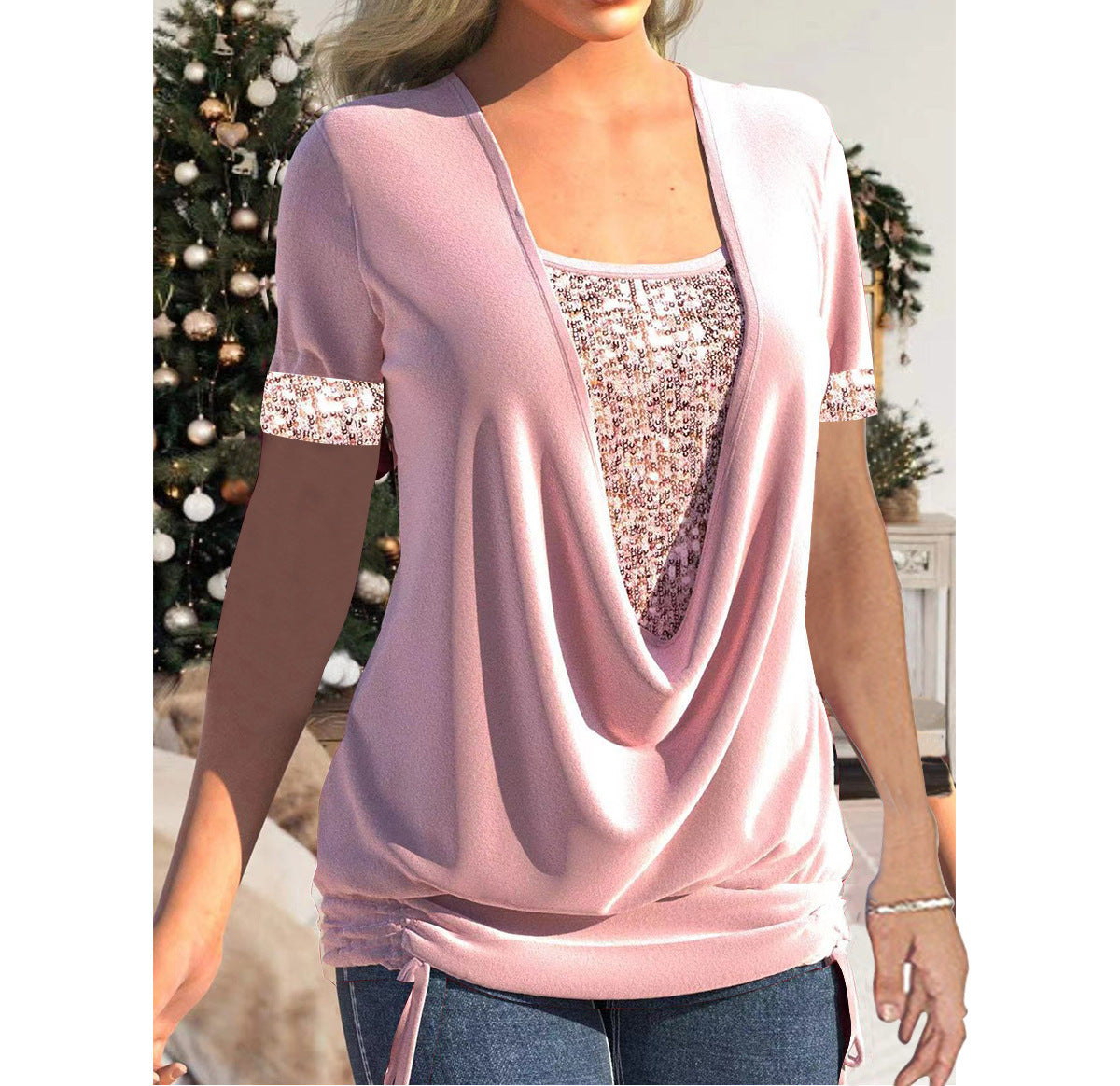 Women's Sequin Contrast Solid Color Short-sleeved Large Drop Collar Loose Blouses