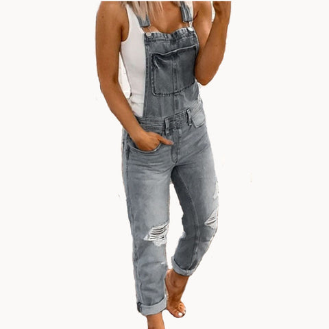 Women's Hair Suspender Trousers Ripped Washed Slim Jumpsuits
