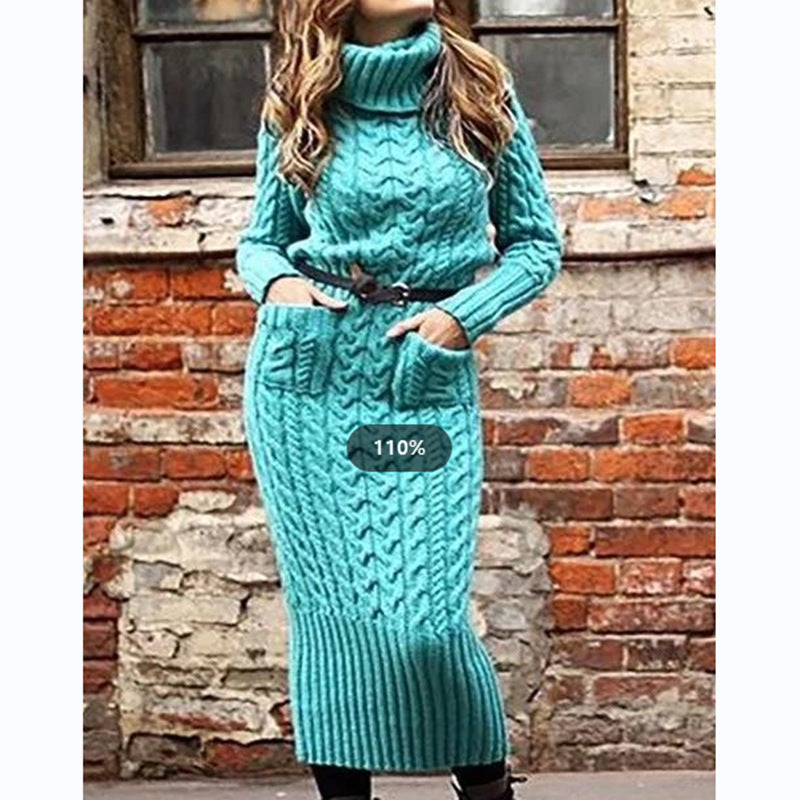 Women's Long-sleeved Lapel Pullover Pocket Knitted Dress Coats