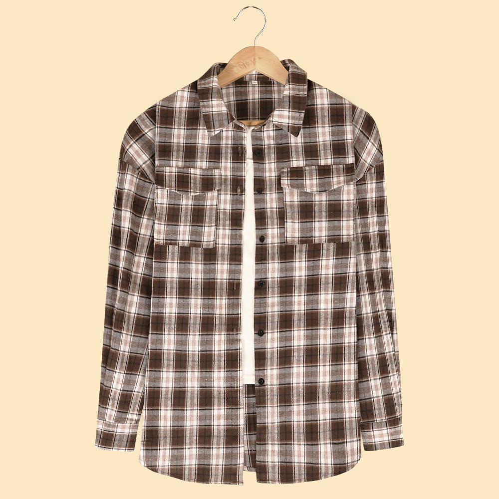 Women's Long-sleeved Plaid Button Shirt With Full Blouses
