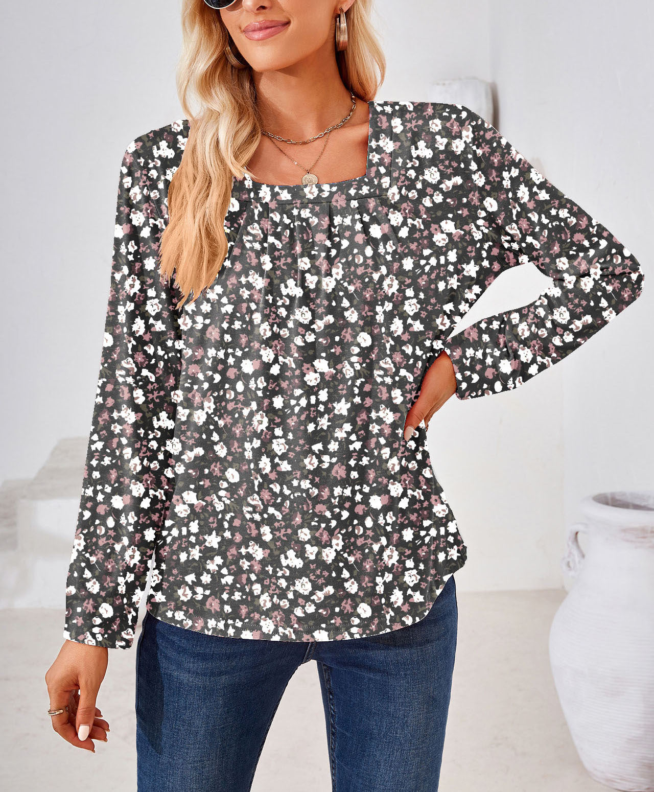 Women's Square Collar Fold Floral Long Sleeve Blouses