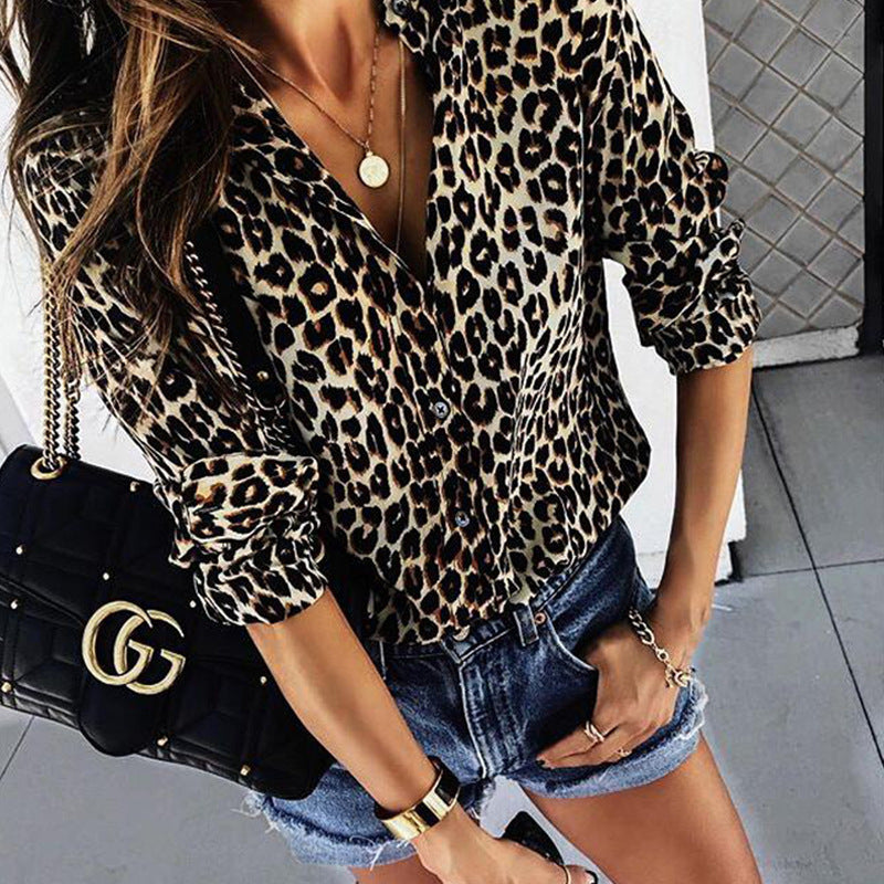 Women's Fashion Printed Leopard Button Long Sleeve Blouses