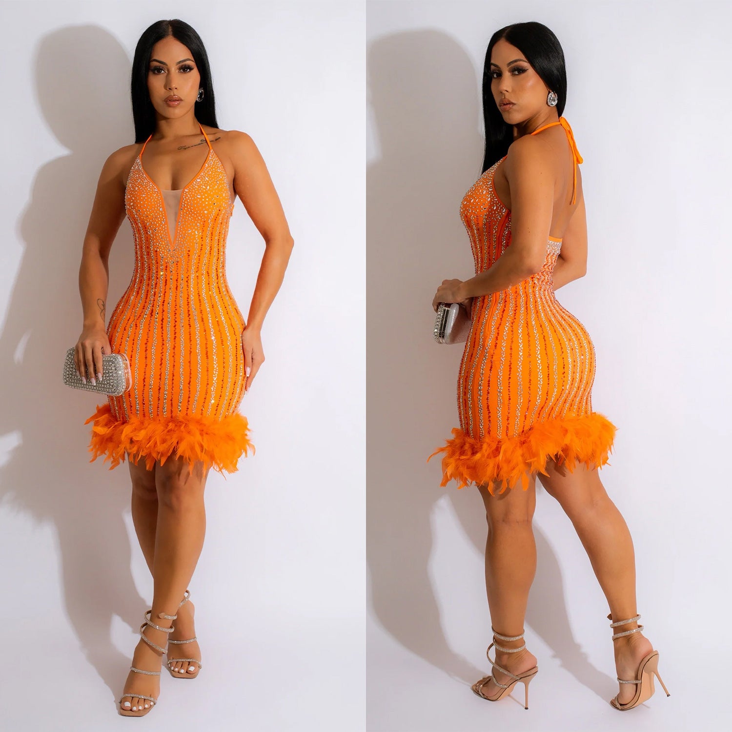 Women's Wear Solid Color Rhinestone Mesh Feather Dresses