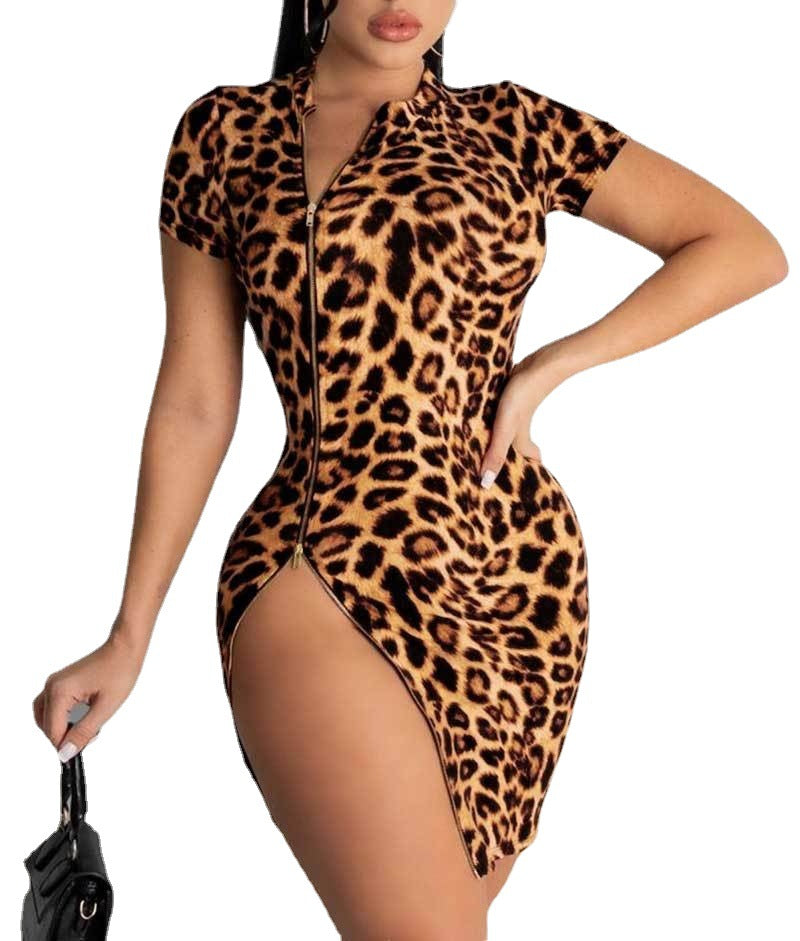Women's Summer Leopard Print Sleeve Split Tight Dresses
