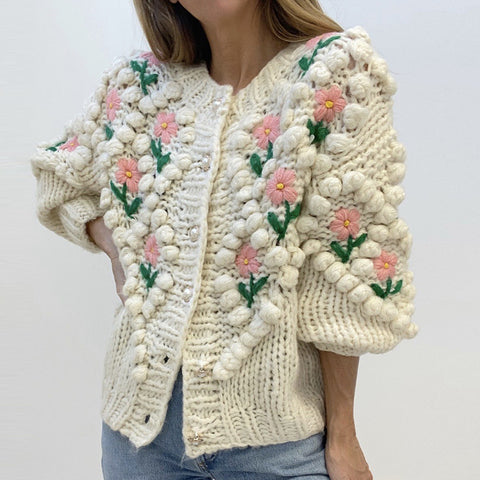 Handmade Crocheted Embroidery Twist Pearl Buckle Sweaters
